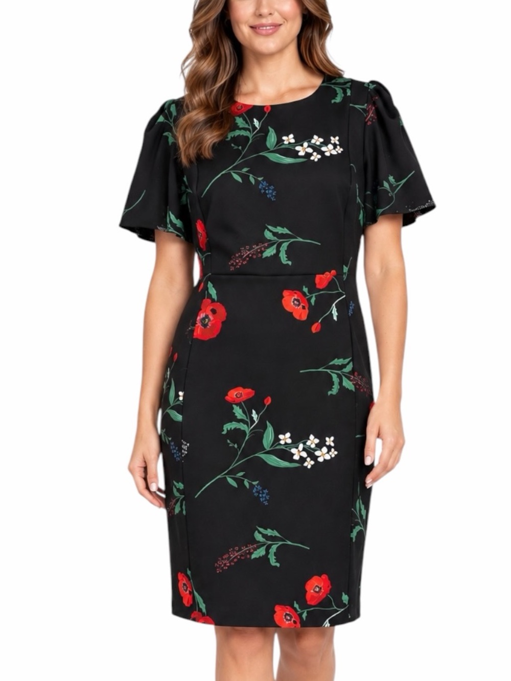 Calvin Klein Sheath Dress 18W Stretch Floral Cape Sleeve Black Red Poppy Scuba